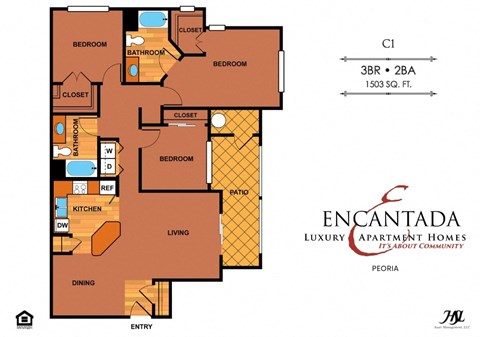 Floor plan for 3 beds, 2 baths, 1359 sqft